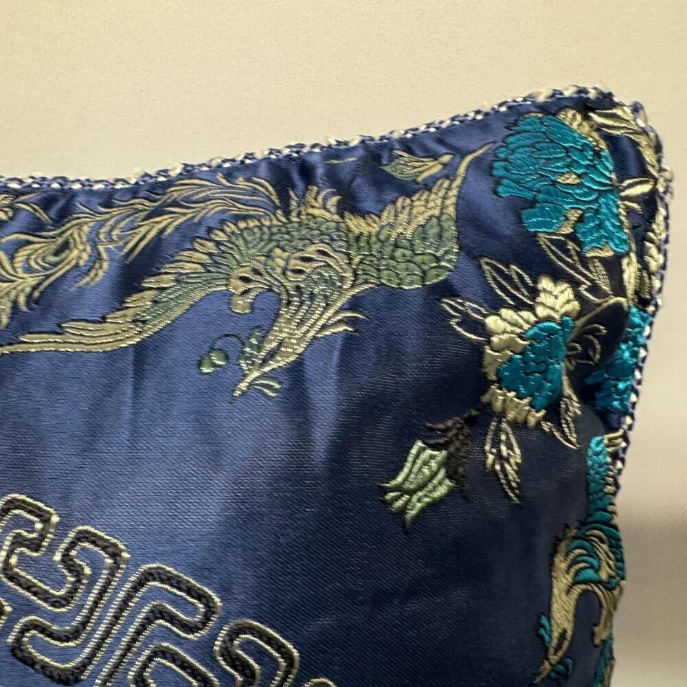 Like NEW  Vintage Asian Pillow Case Cover  Satin Blue